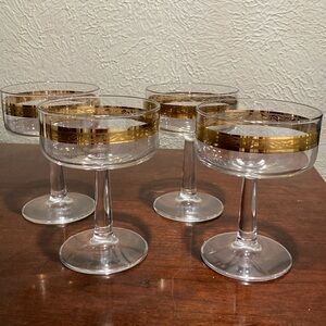 Set of 4, Vintage, Mid Century Libby Gold Band Champagne Glasses